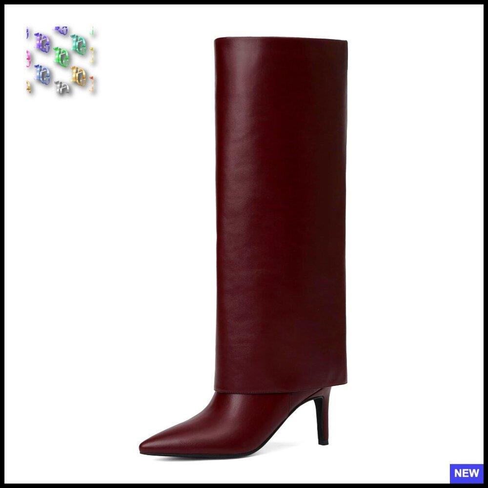 Knee High Boots Fold Over Pointed Toe Stiletto Heel Wide Calf Slouchy Zipper